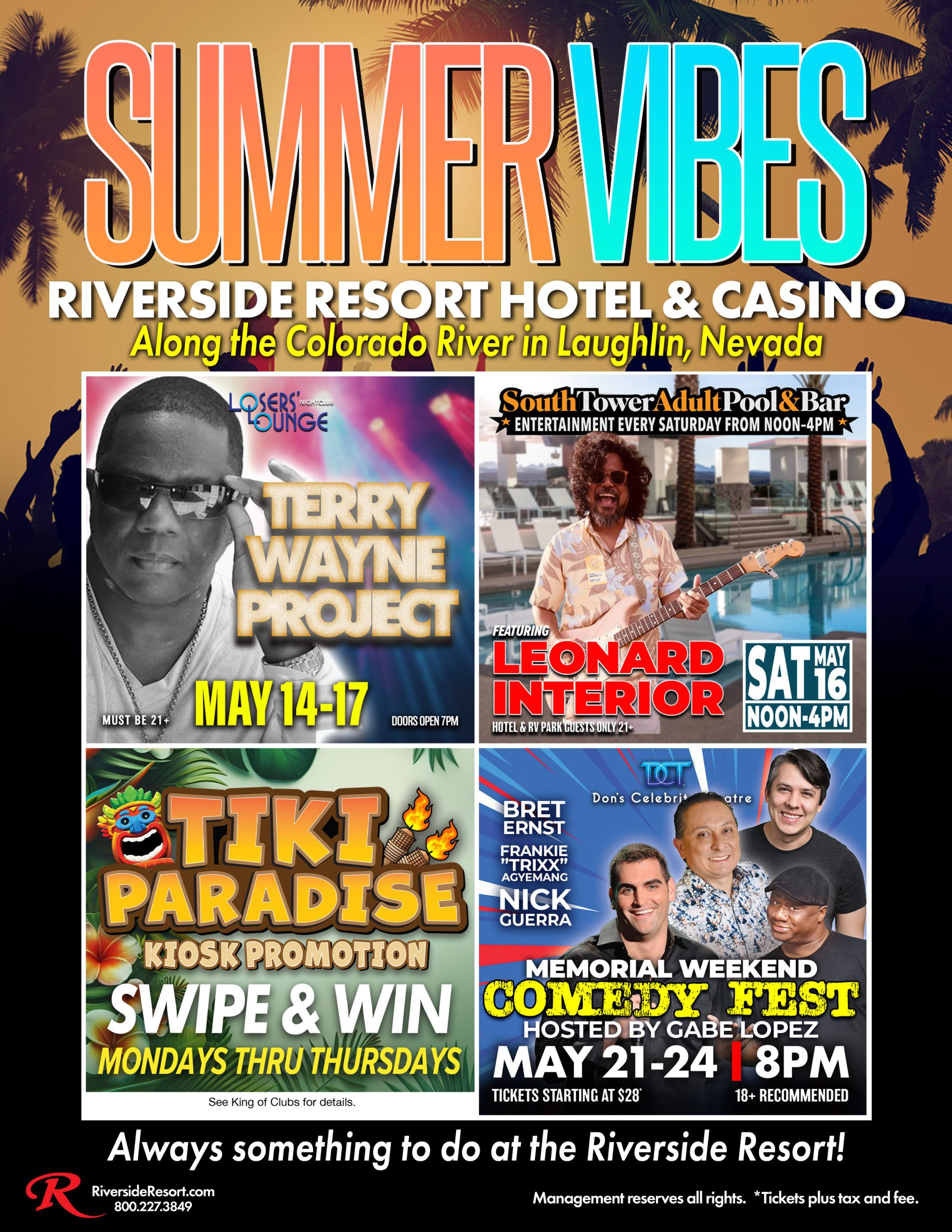 Summer Vibes promotional Events including Don's Celebrity Theater, pool parties, and events. Here at Don Laughlin's Riverside Resort Hotel & Casino.
